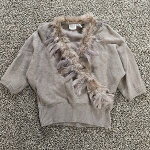 Vintage Bonnie & Bill New York Sweater L Taupe Feather Trim Removable Boa Angora